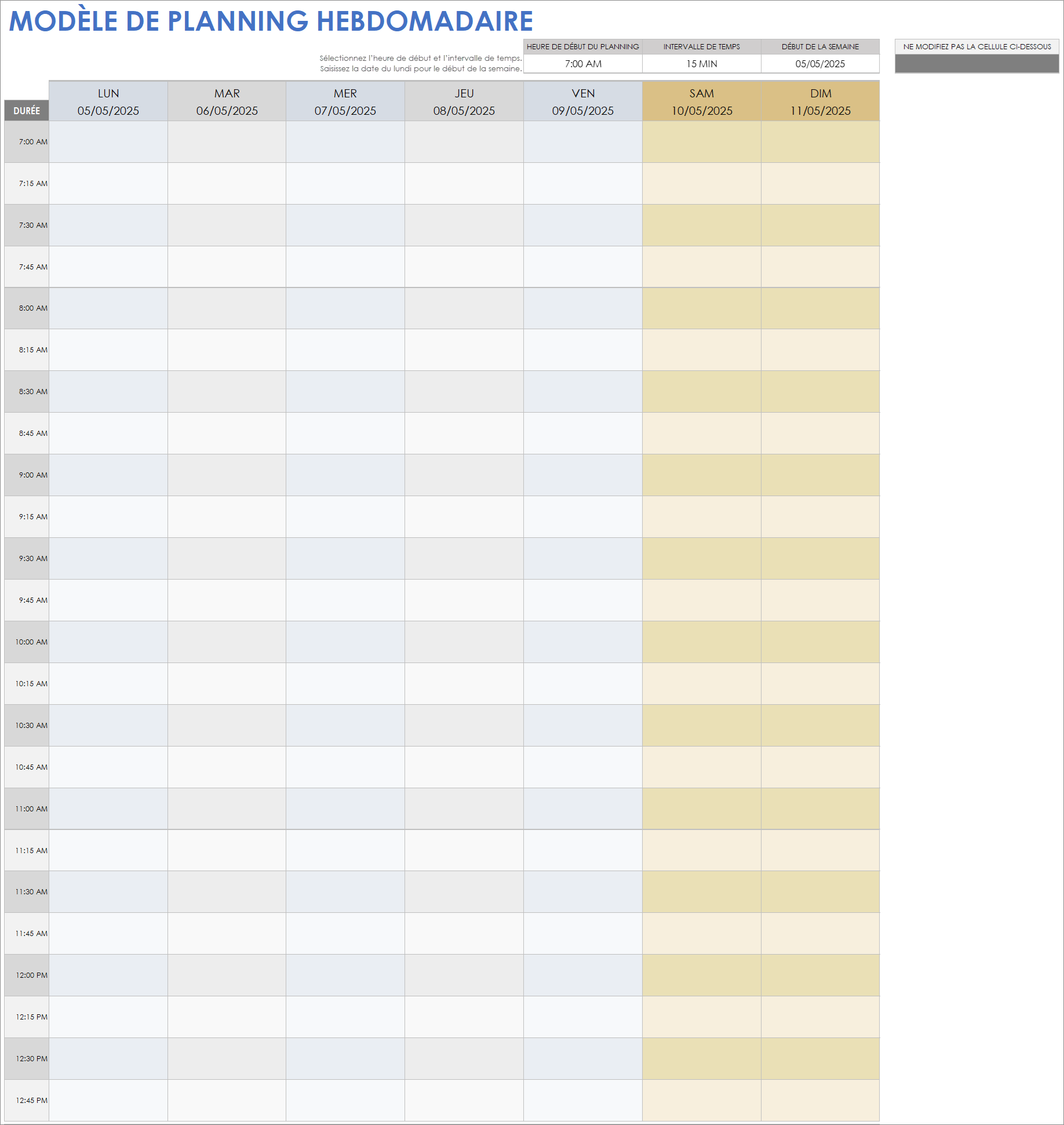  Feuille Google de modèle d'horaire hebdomadaire