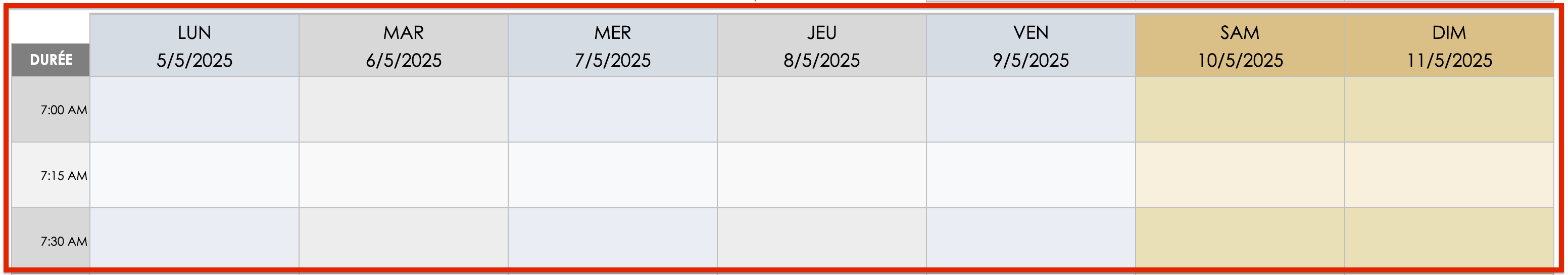 calendrier de Google Sheets au jour le jour