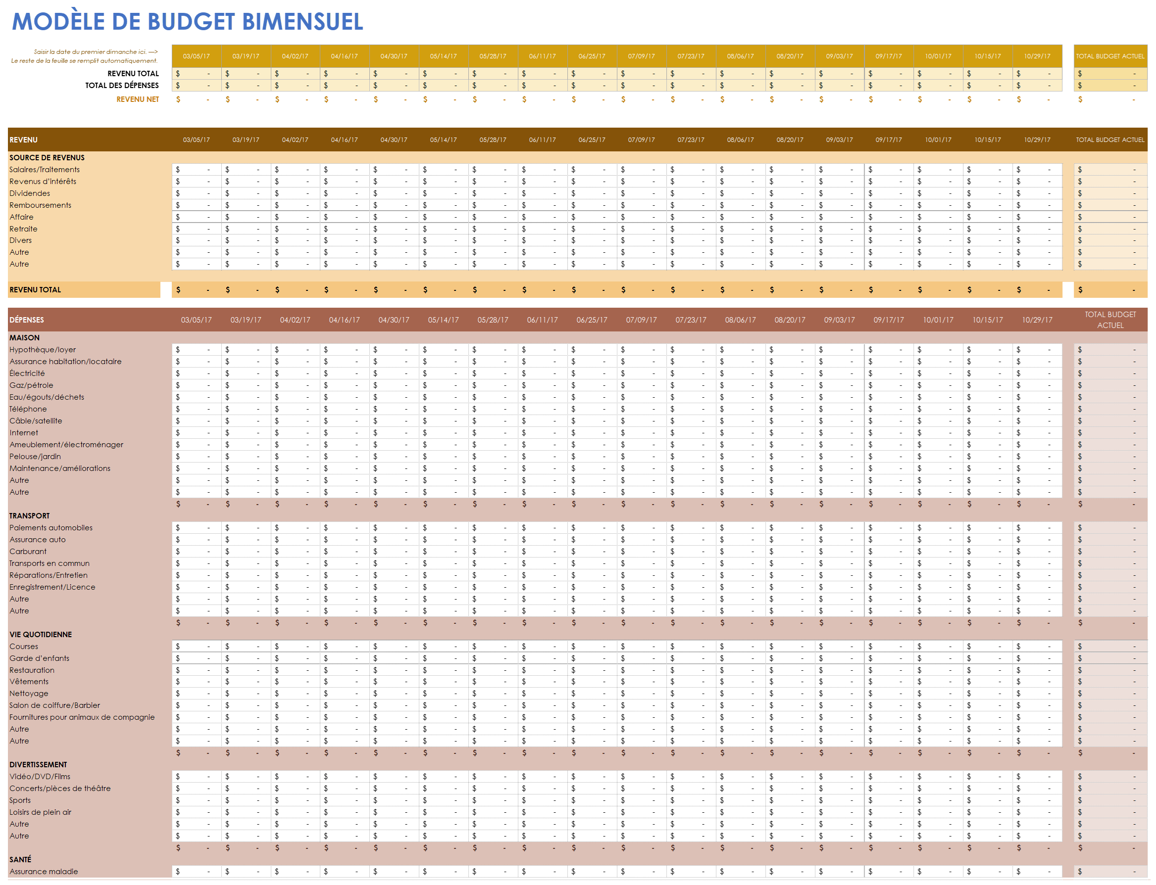 Modèle de feuille de calcul budgétaire bimensuelle
