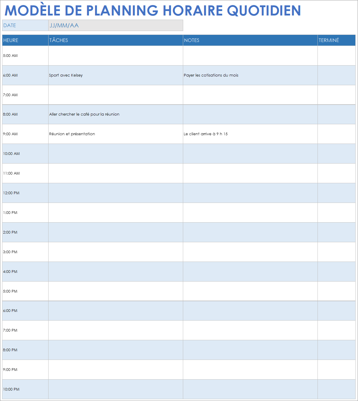  Modèle Google Sheets d'horaire horaire quotidien