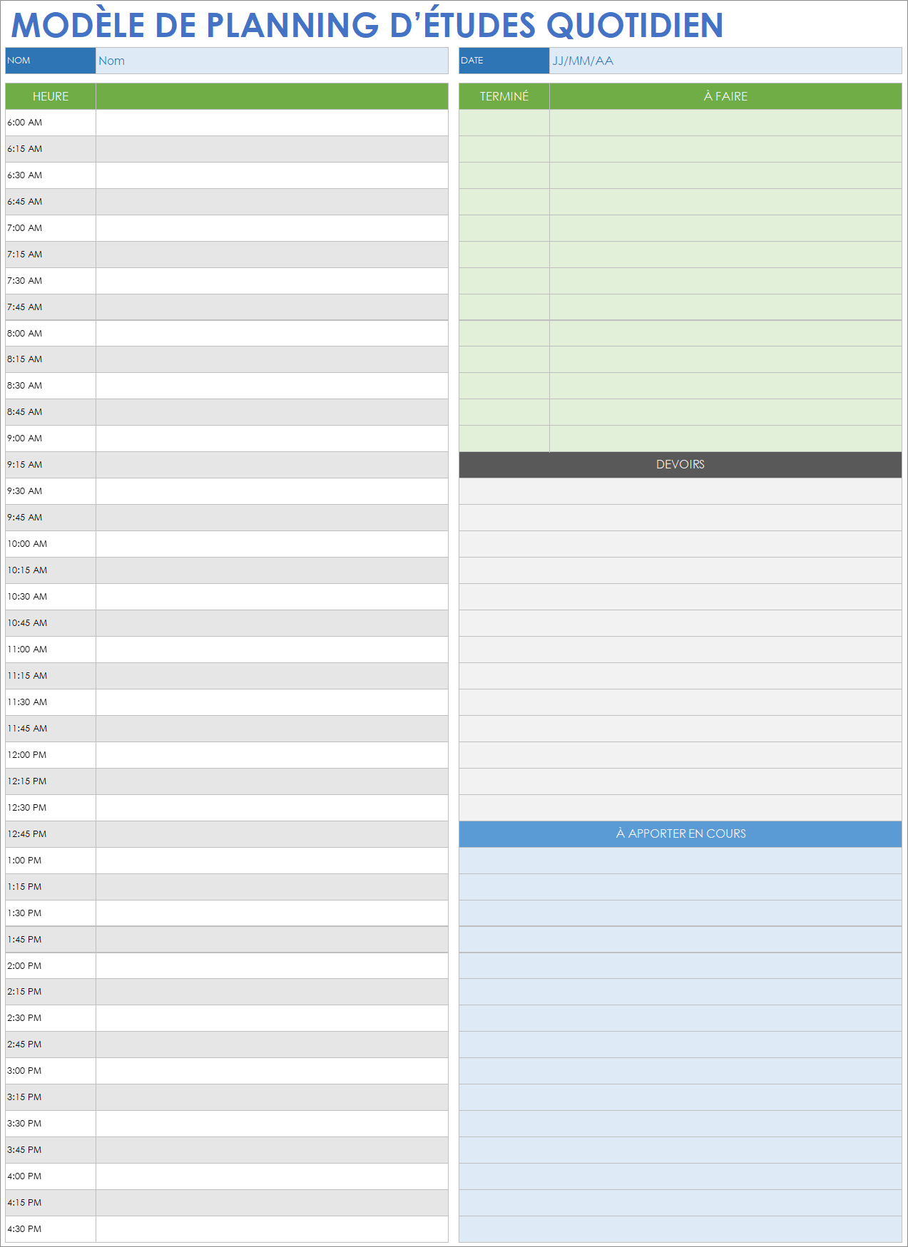  Modèle de feuilles Google Sheets pour l'horaire scolaire quotidien