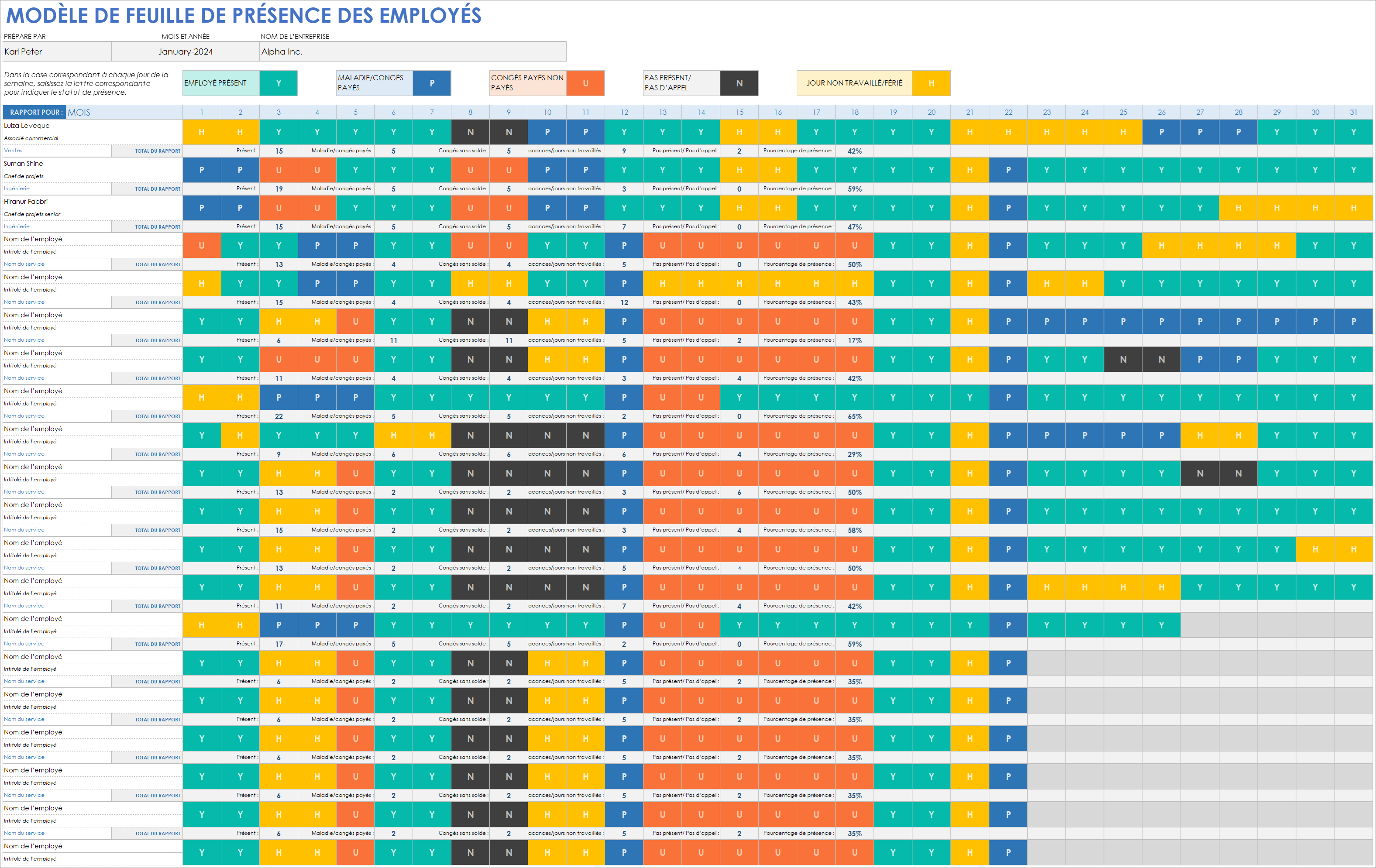  Modèle de présence des employés Google Sheets