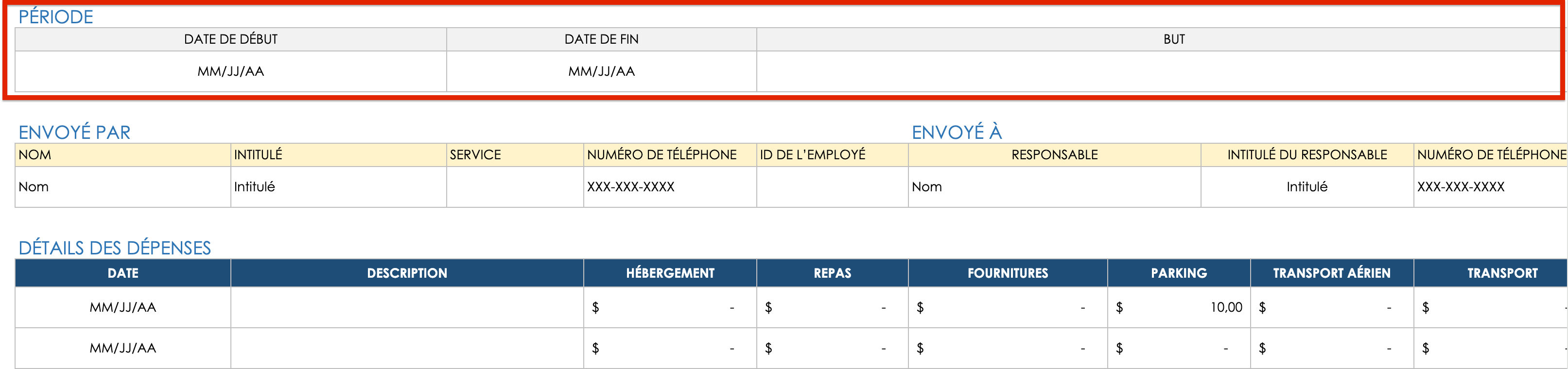 Détails de la période de déclaration des dépenses