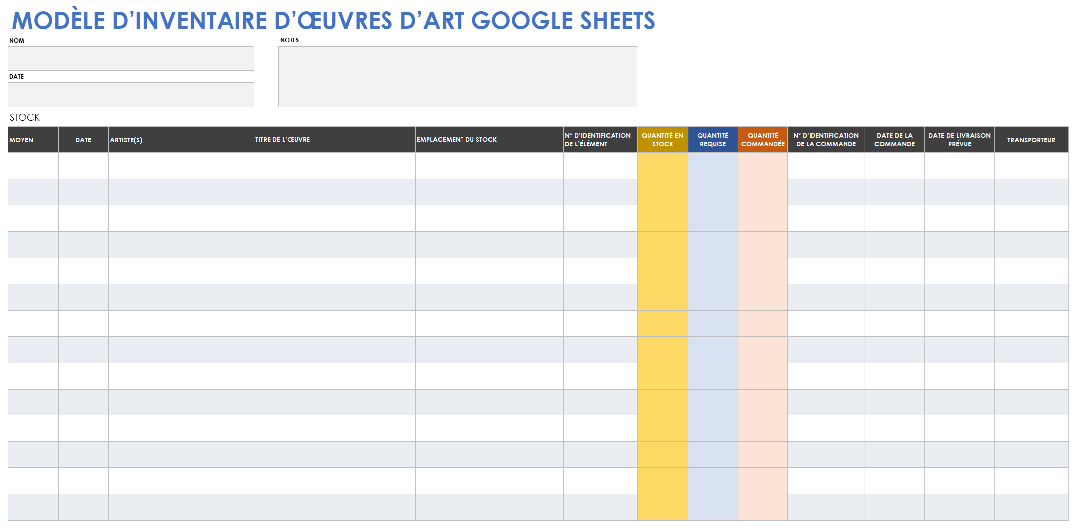 Modèle d'inventaire d'art de Google Sheets