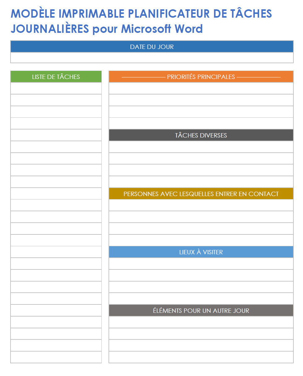  Modèle de planificateur de tâches quotidiennes imprimable pour Microsoft Word
