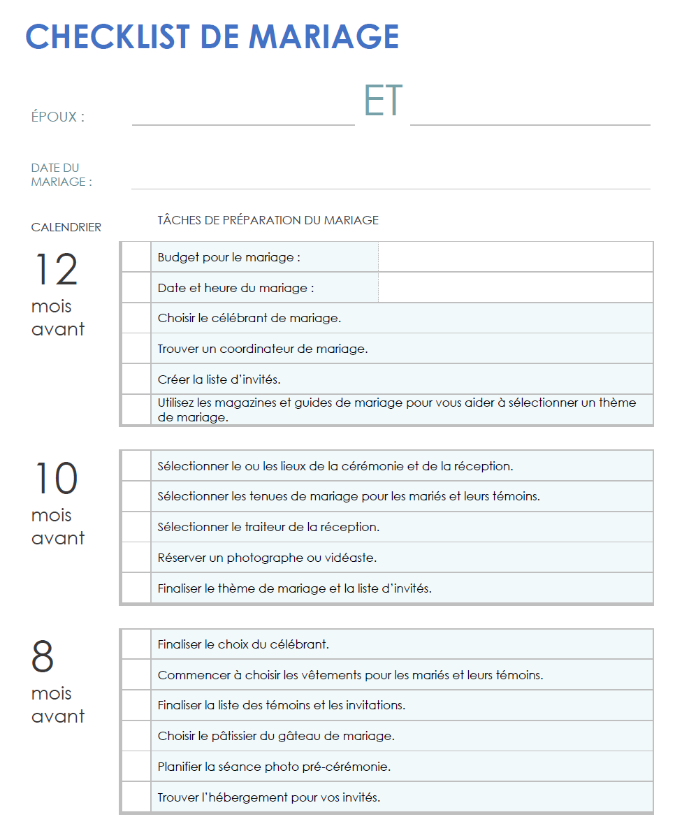  Modèle de liste de contrôle de mariage imprimable pour Google Docs