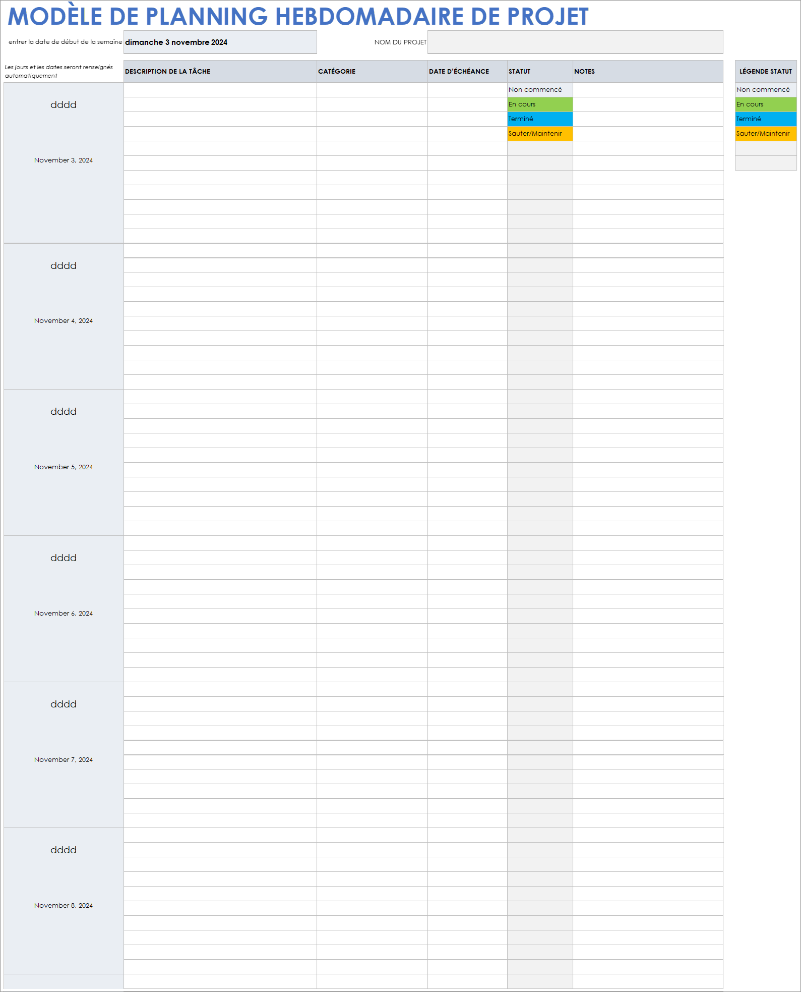  Modèle de planning hebdomadaire du projet Google