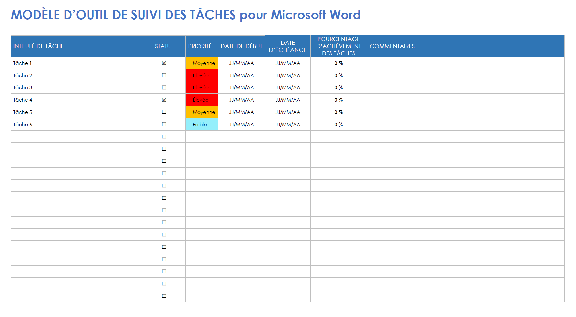  Modèle de suivi des tâches pour Microsoft Word