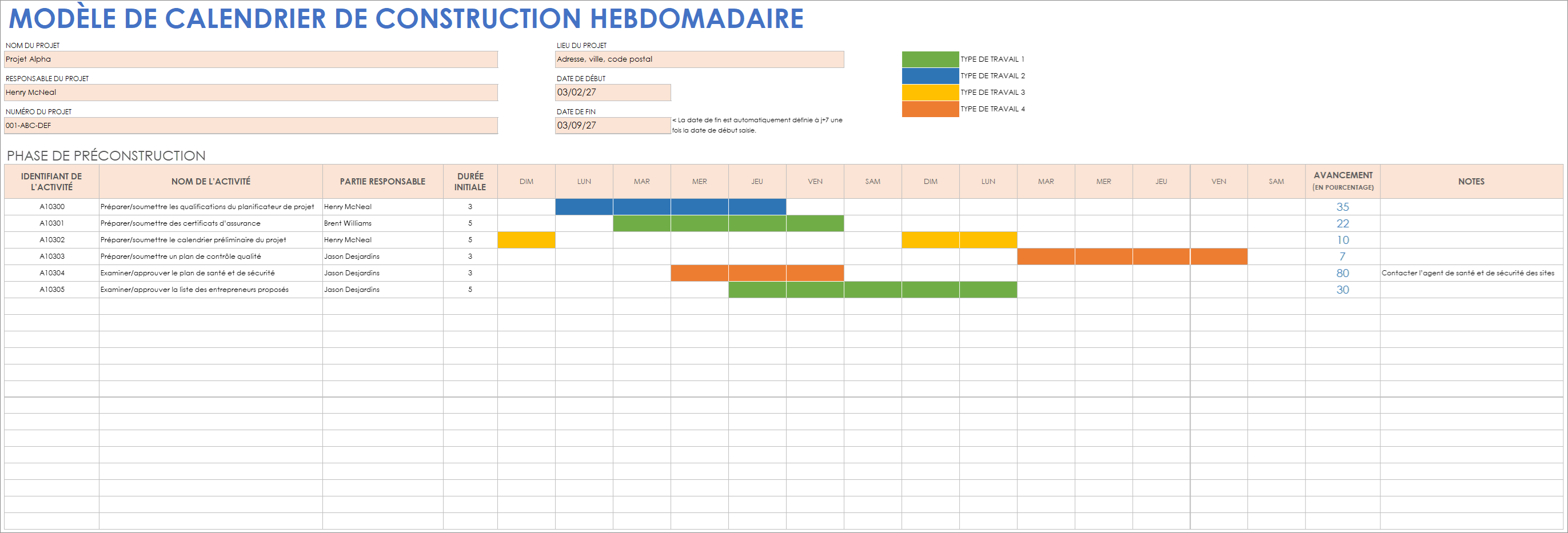  Modèle de calendrier de construction hebdomadaire Google Sheets