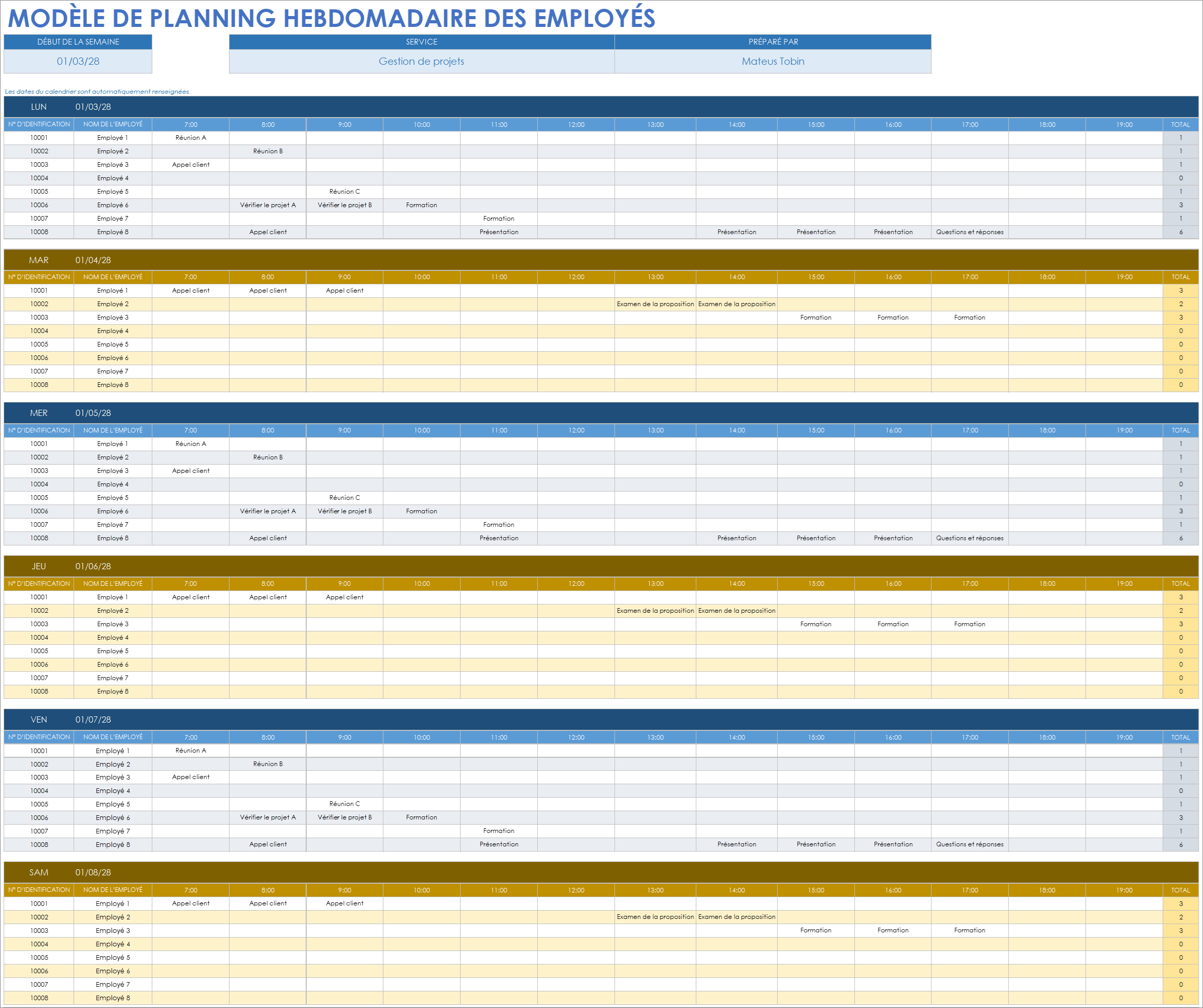  Modèle d'horaire hebdomadaire des employés de Google Sheets