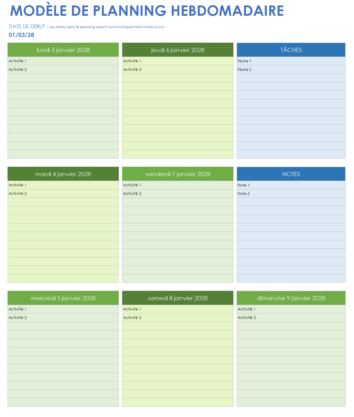  Modèle de planificateur hebdomadaire Google Sheets