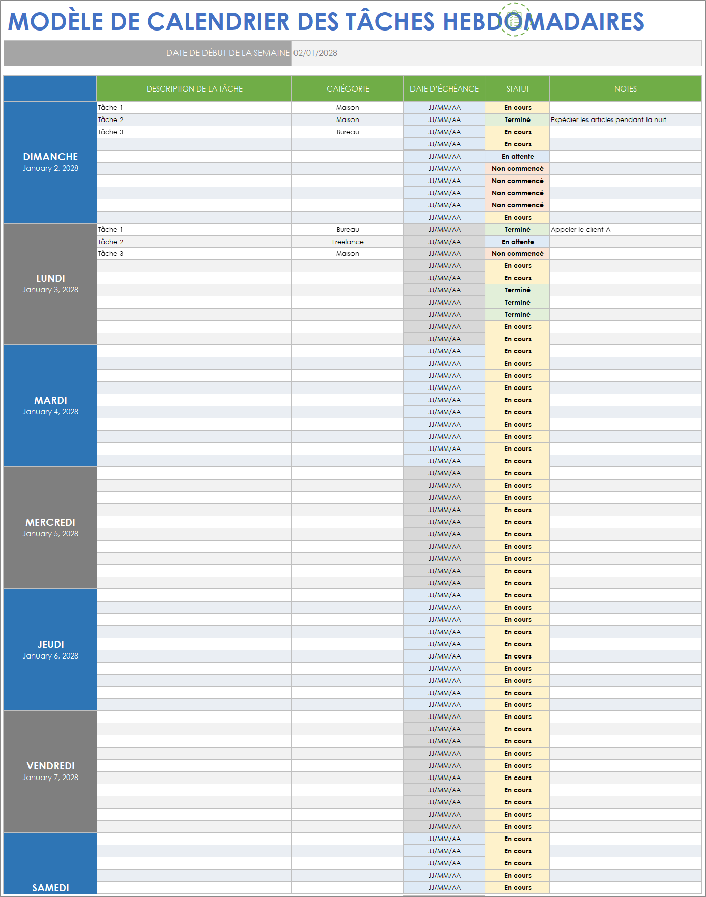  Modèle de calendrier de tâches hebdomadaire Google Sheets