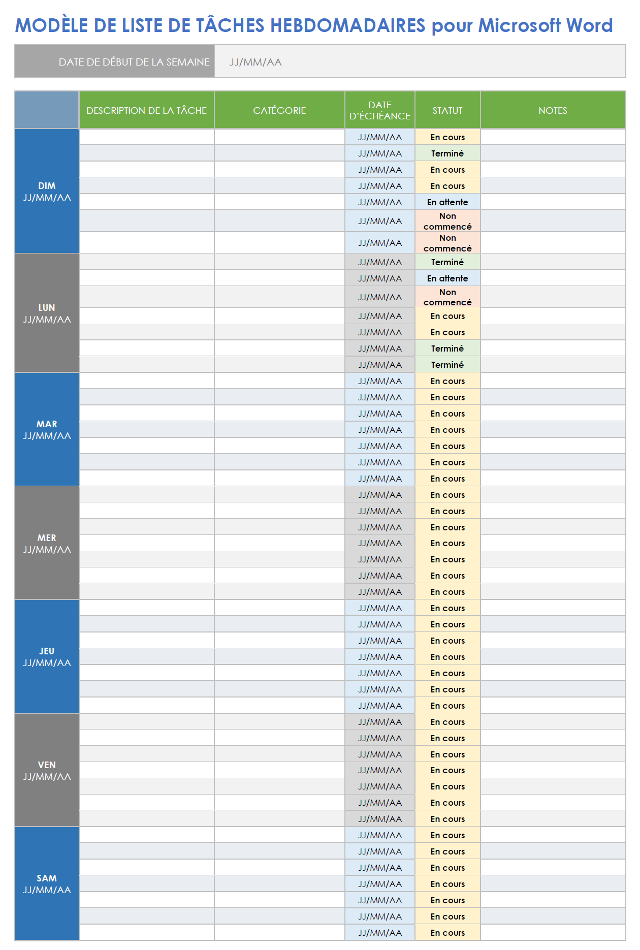  Modèle de liste de tâches hebdomadaire pour Microsoft Word