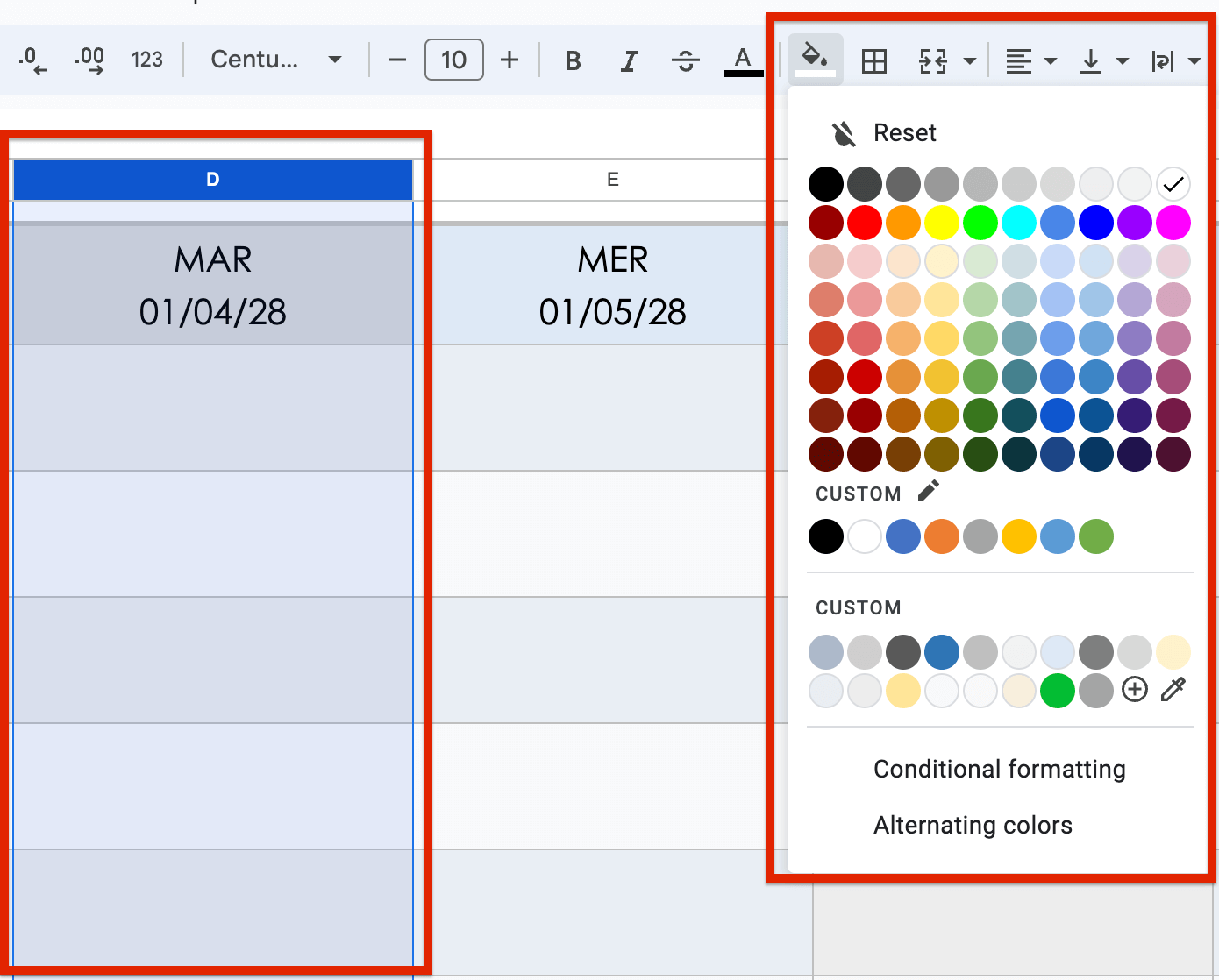 Couleurs personnalisées du programme quotidien de base