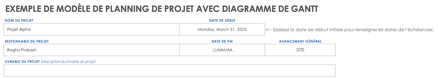 Détails de base du calendrier du projet