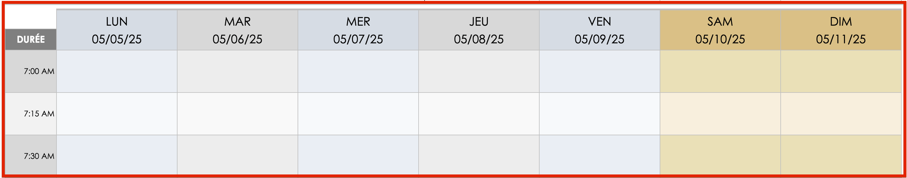 Programme hebdomadaire jour par jour