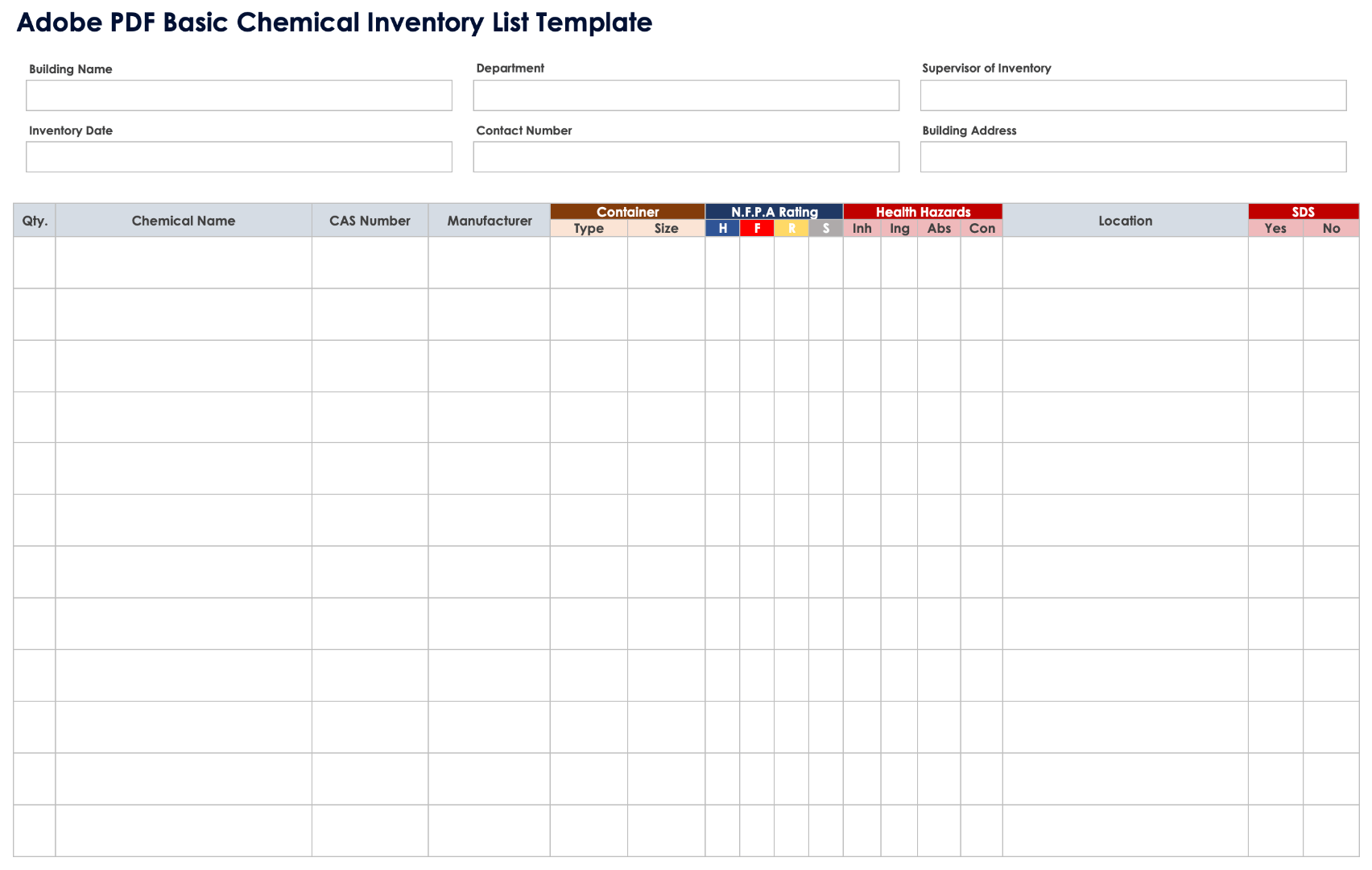 Modèle basique de liste d’inventaire des produits chimiques au format Adobe PDF