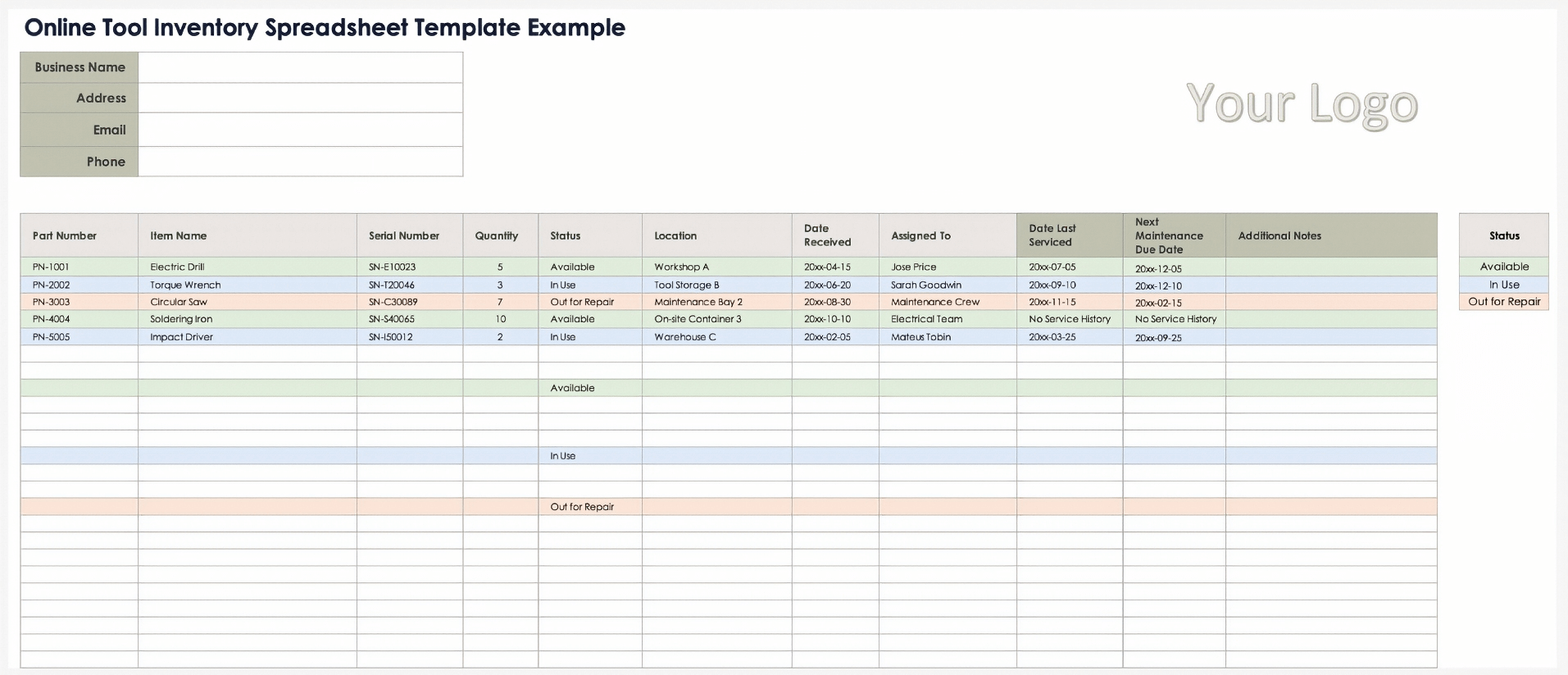 Modèle d’exemple de tableur d’inventaire des outils en ligne