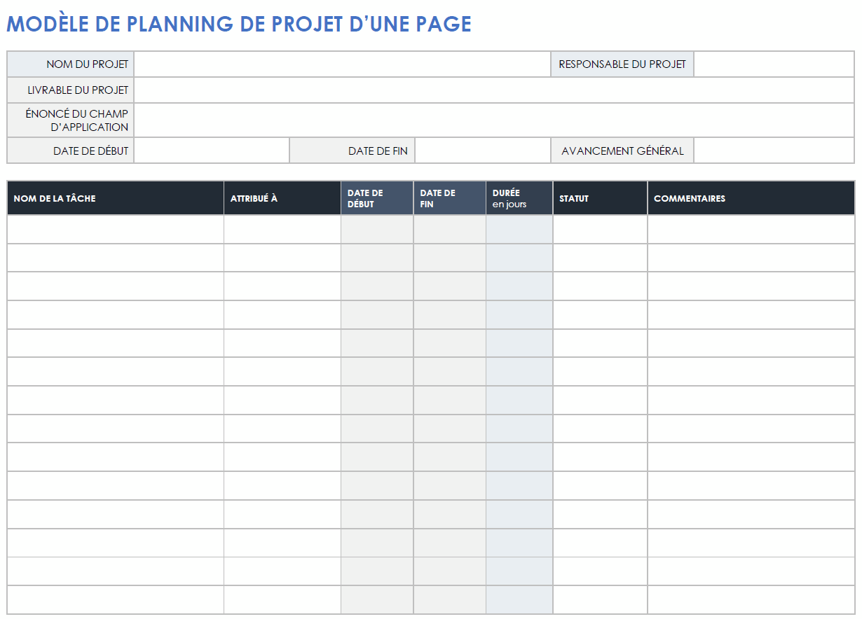  Modèle de calendrier de projet d'une page