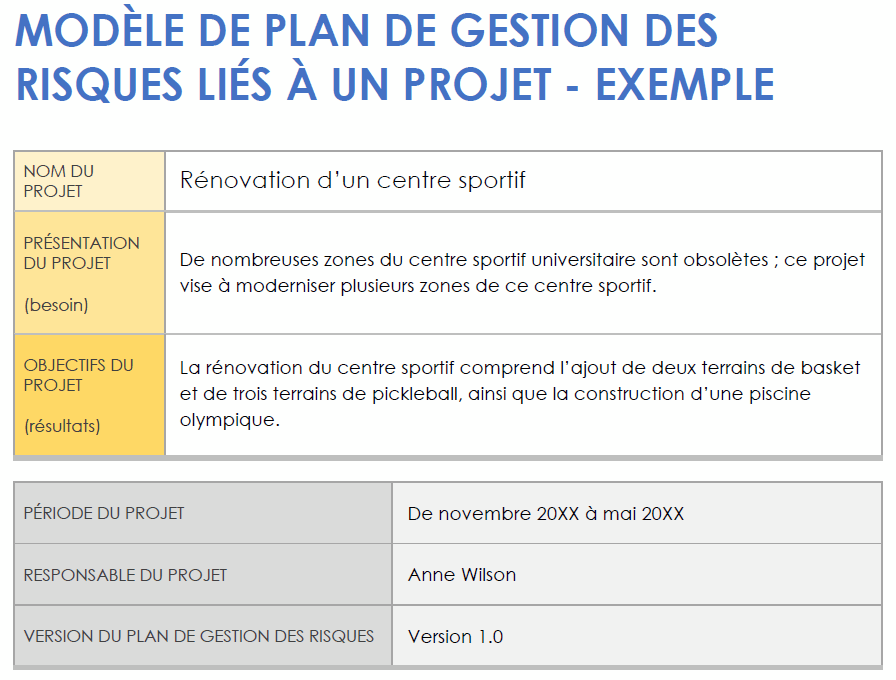  Modèle d'exemple de plan de gestion des risques de projet