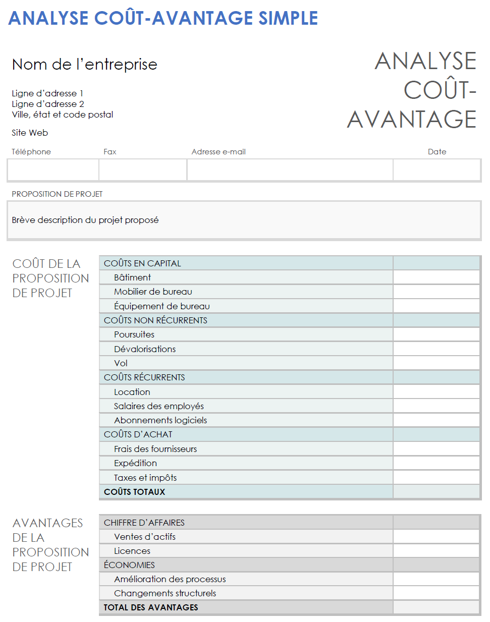  Modèle d'analyse simple des coûts et des avantages pour Microsoft Word