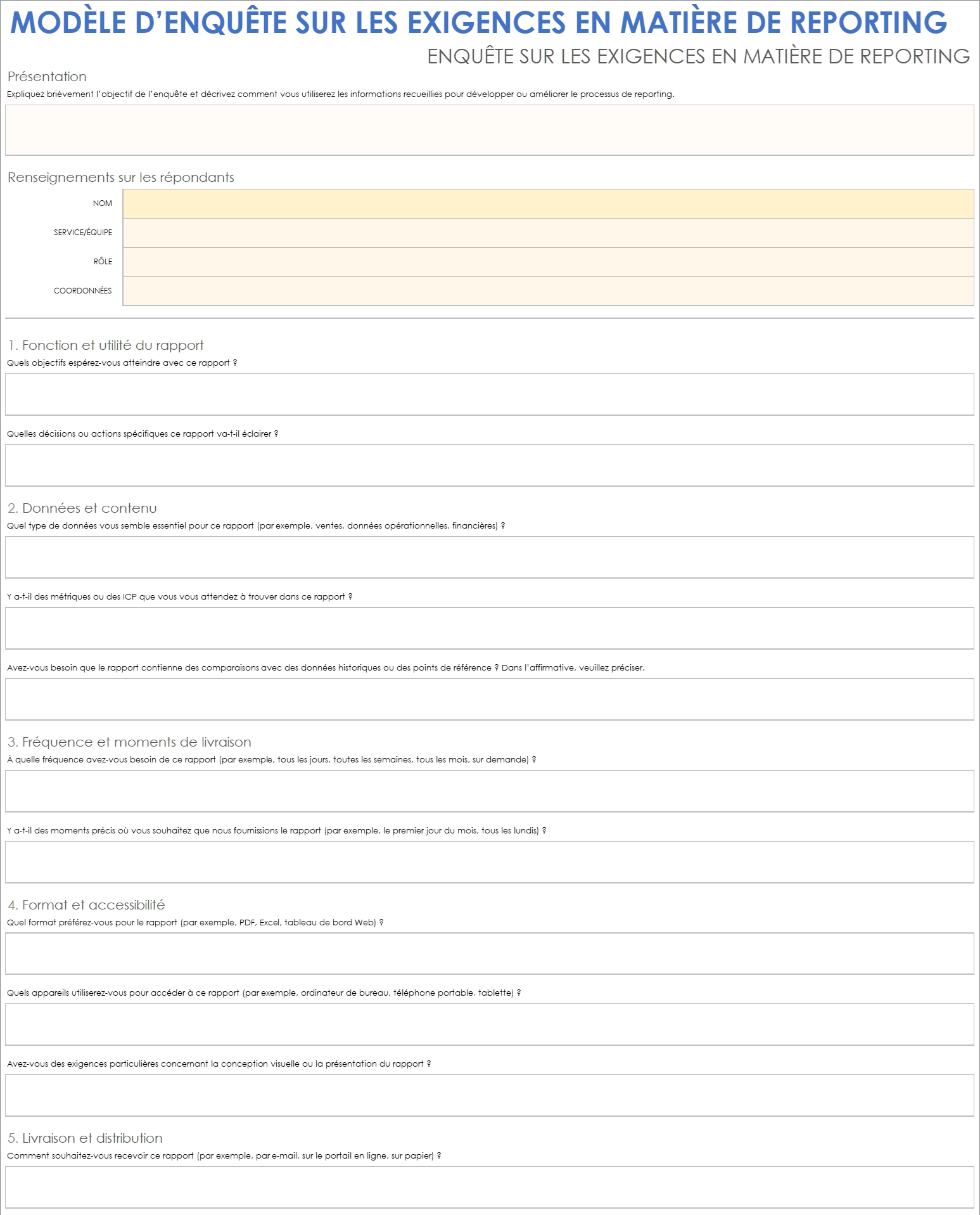 Modèle d’enquête sur les exigences en matière de rapports