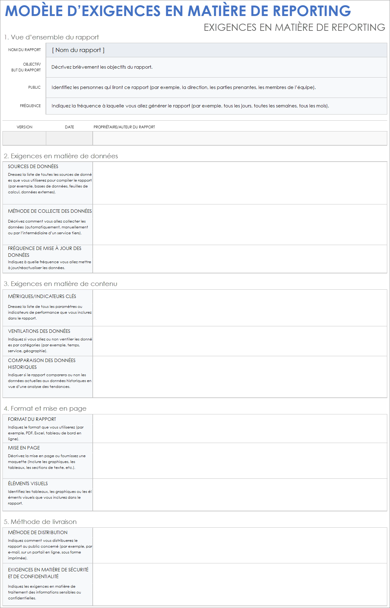 Modèle d’exigences en matière de rapports