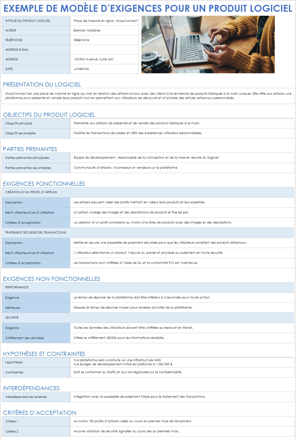 Modèle d’exigences de produit logiciel - Exemple