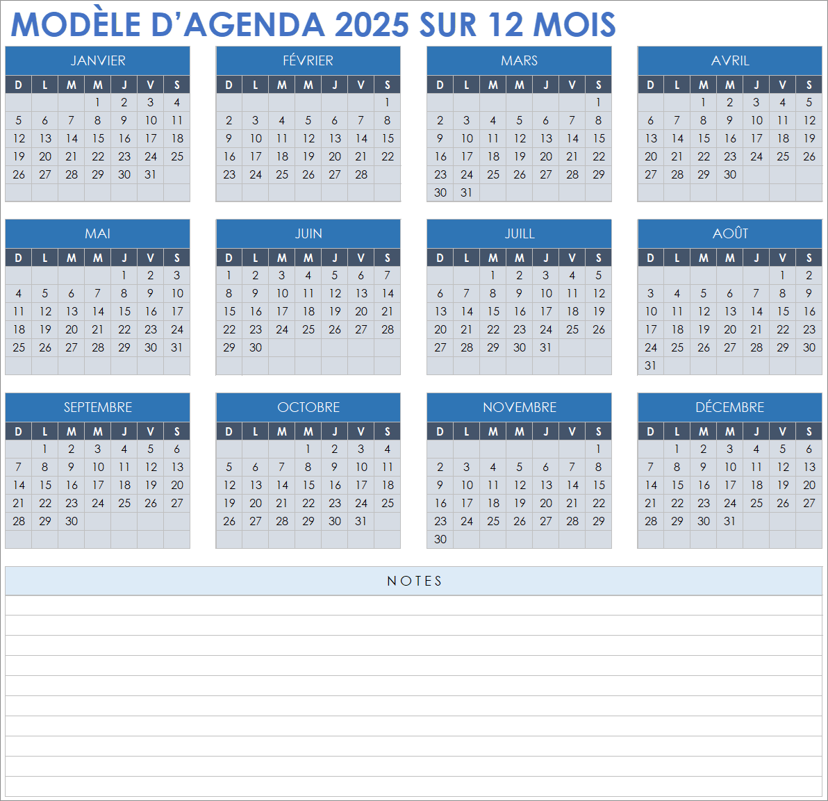 Modèle d’agenda 2025 sur 12 mois