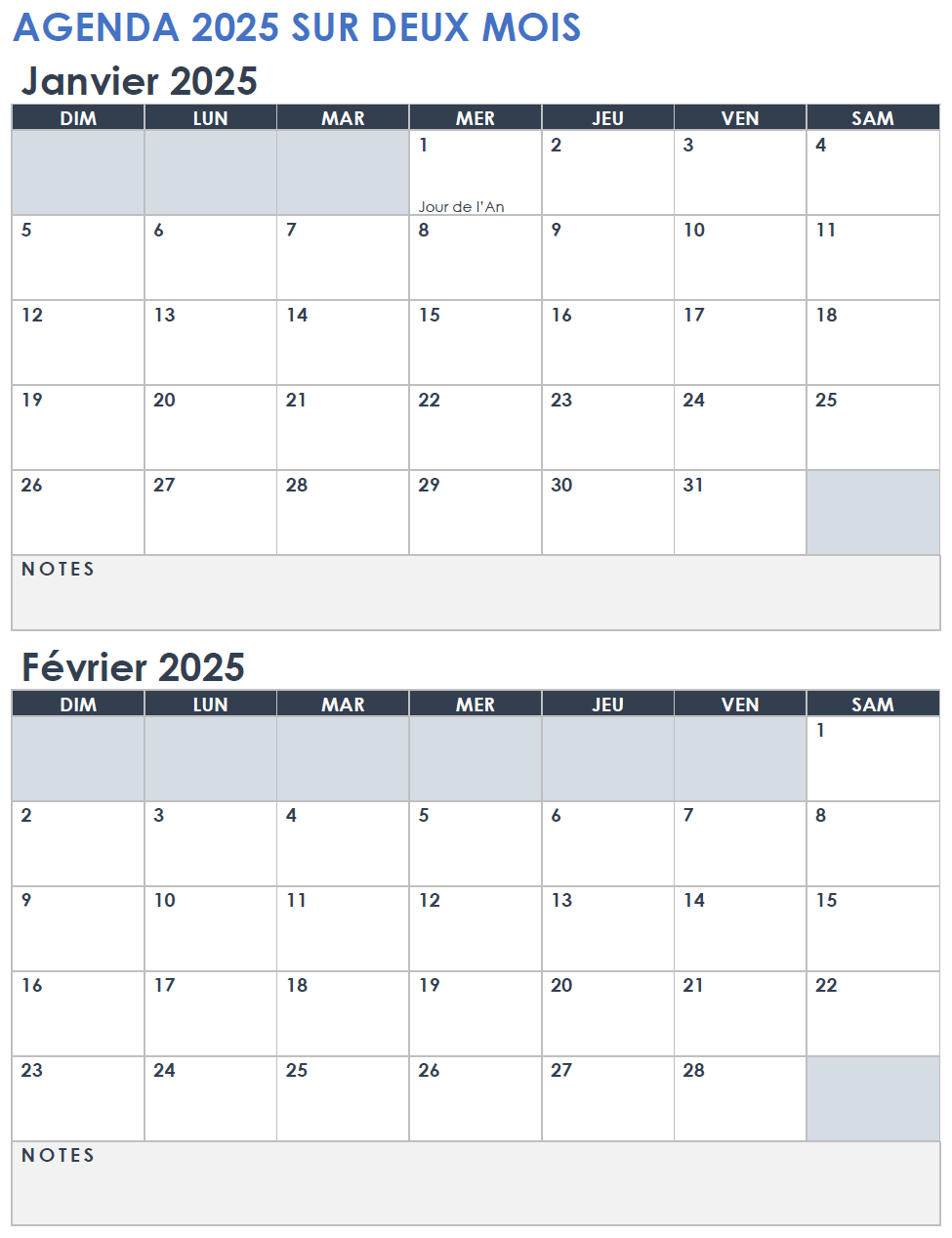 Calendrier 2 mois 2025