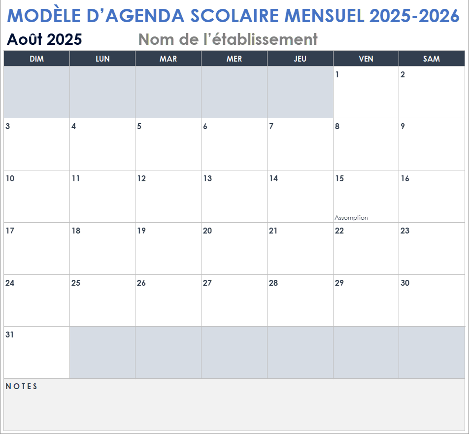 Modèle d’agenda scolaire mensuel 2025-2026