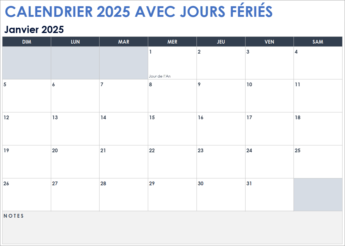 Calendrier 2025 indiquant les jours fériés