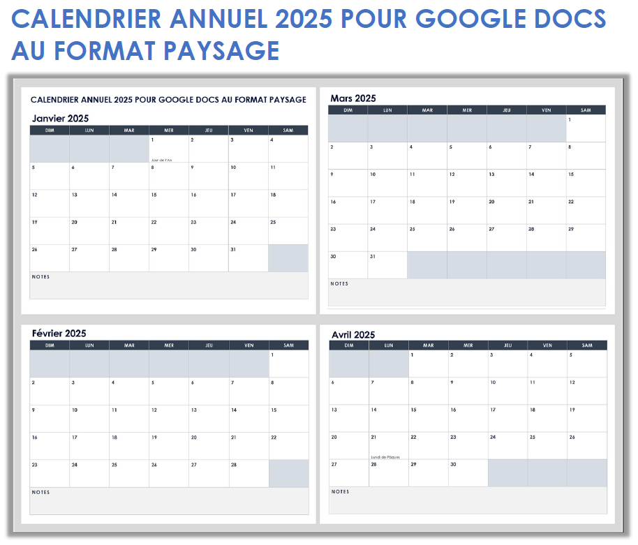 Calendrier annuel 2025 pour Google Docs au format paysage