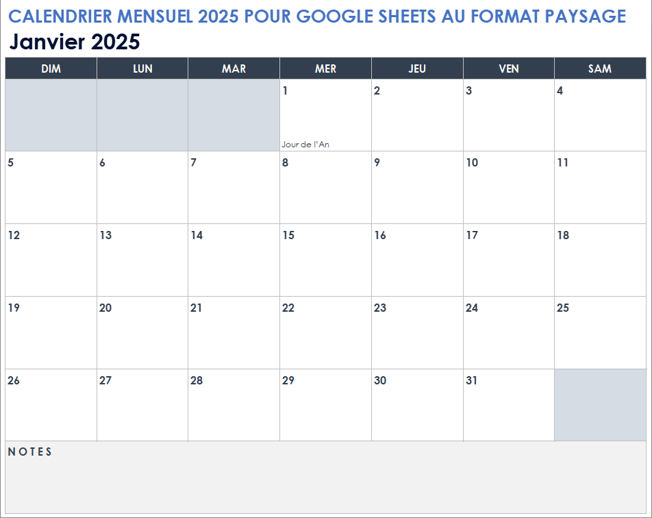 Calendrier mensuel 2025 pour Google Sheets au format paysage