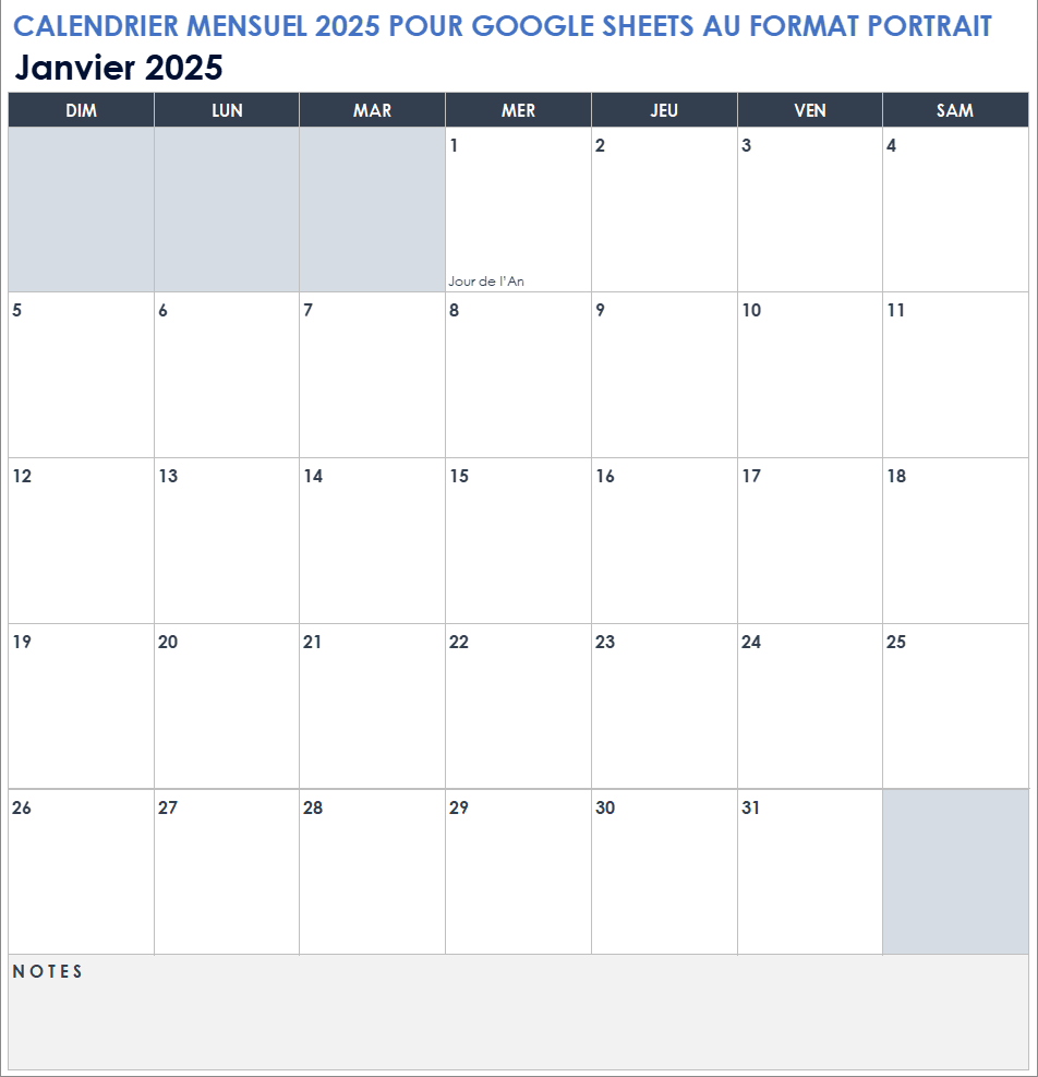 Calendrier mensuel 2025 pour Google Sheets au format portrait