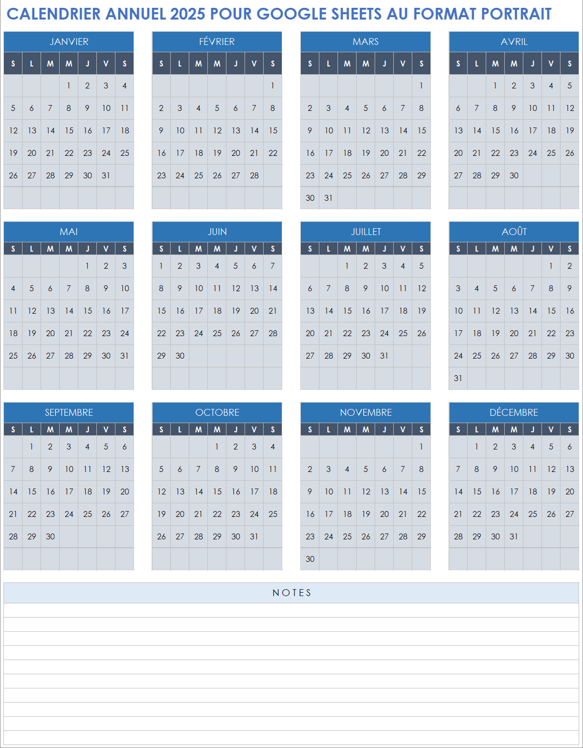 Calendrier annuel 2025 pour Google Sheets au format portrait