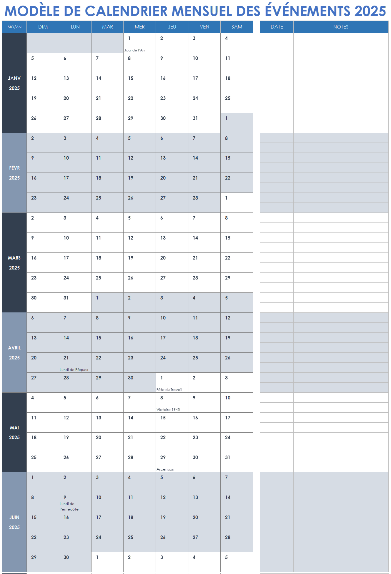 Modèle de calendrier mensuel des événements 2025