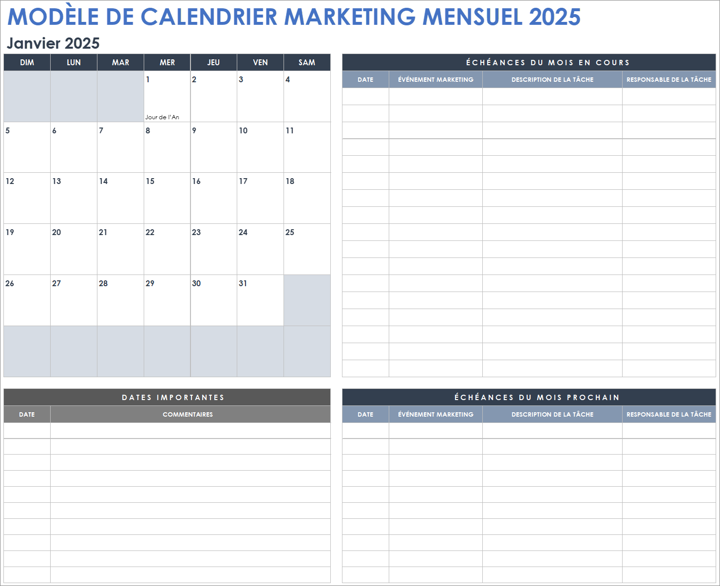 Modèle de calendrier marketing mensuel 2025