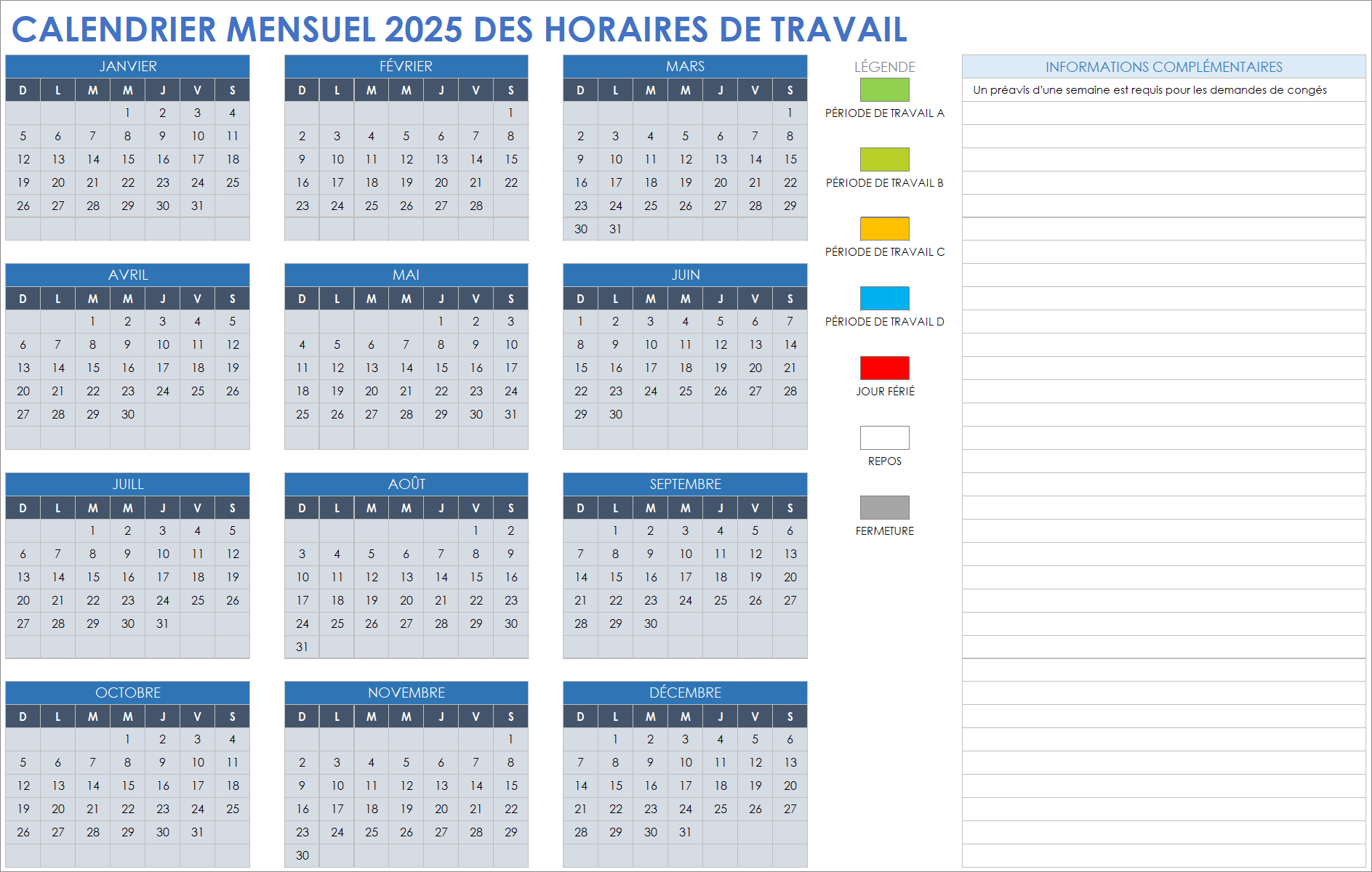 Calendrier mensuel 2025 des horaires de travail