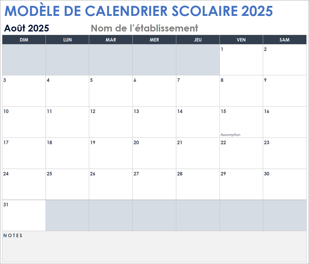 Modèle de calendrier scolaire 2025