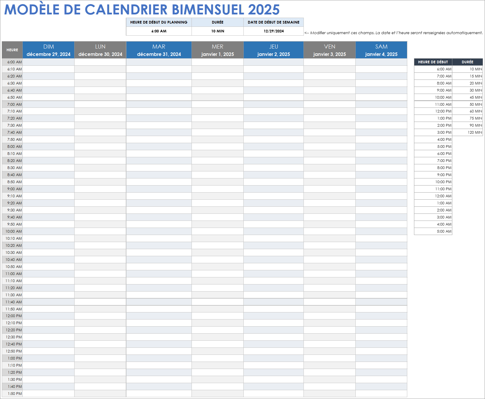 Modèle de calendrier hebdomadaire 2025 au format Google Sheets