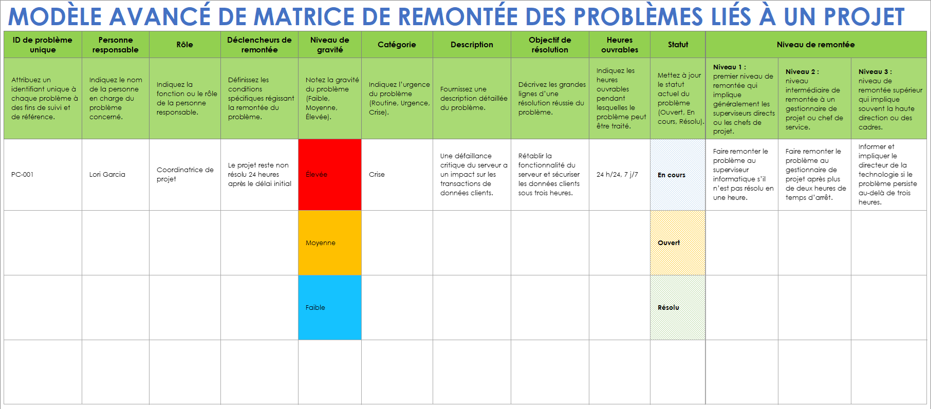 Modèle avancé de matrice de remontée des problèmes liés à un projet