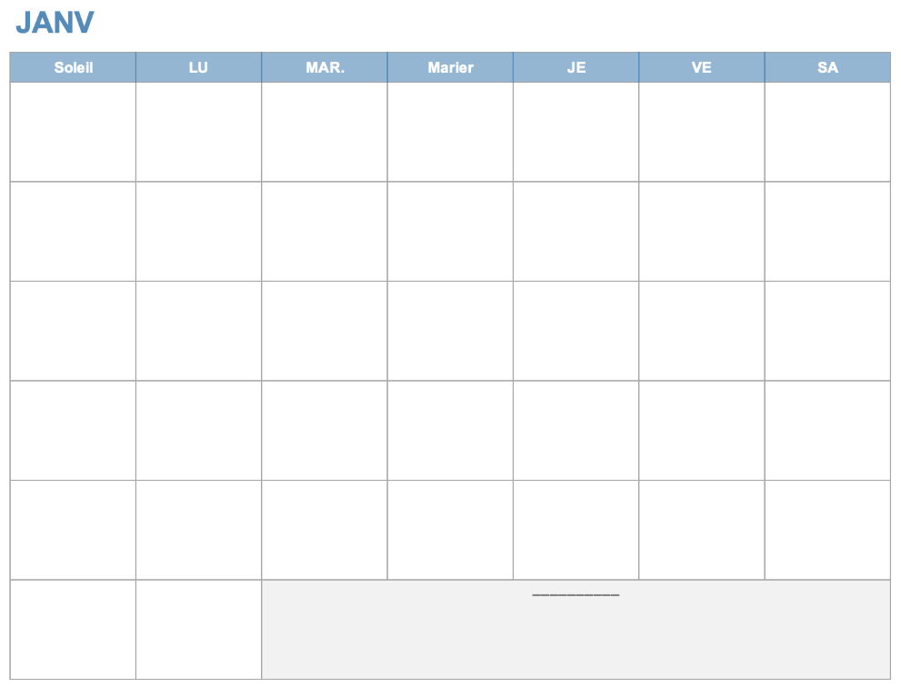  Modèle de calendrier de 12 mois pour n'importe quelle année