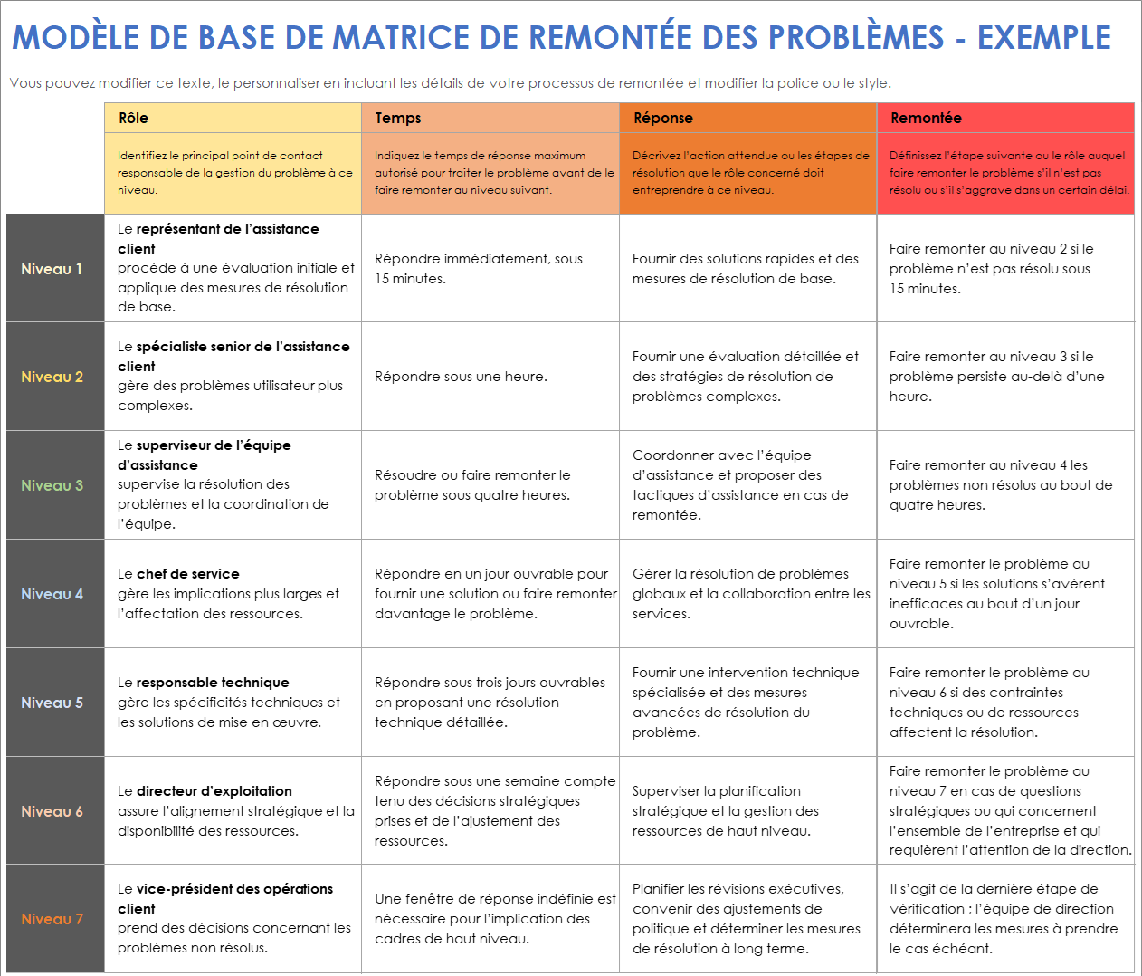 Modèle de base de matrice de remontée des problèmes - Exemple