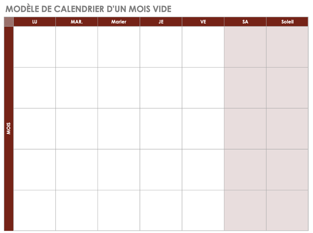 Agenda vierge d’un mois, commençant le lundi