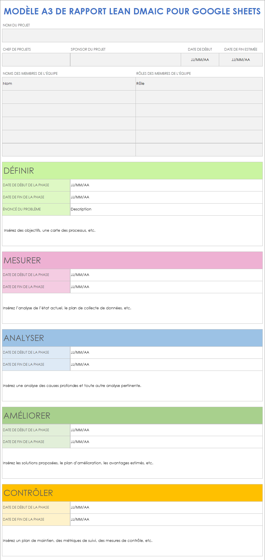 Modèle de rapport A3 Lean DMAIC pour Google Sheets