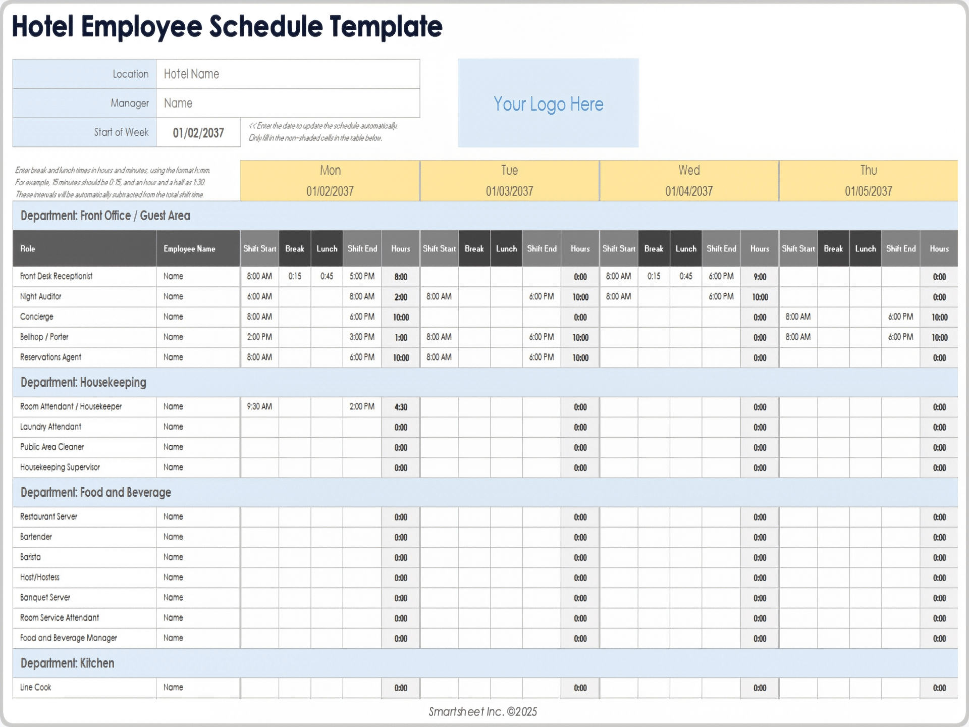 Modèle de planning du personnel pour hôtel