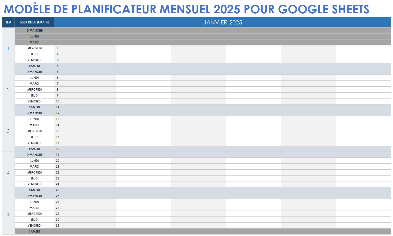 Modèle de planificateur mensuel 2025 pour Google Sheets