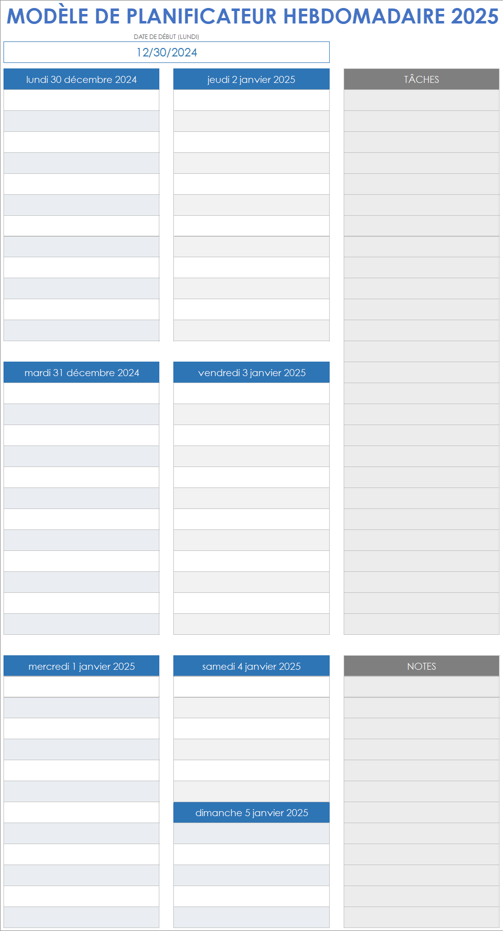 Modèle de planificateur hebdomadaire 2025