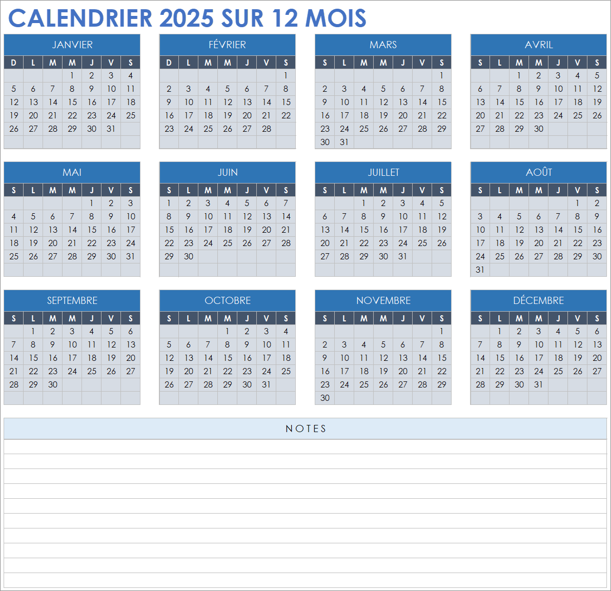 Modèle de calendrier 2025 sur 12 mois